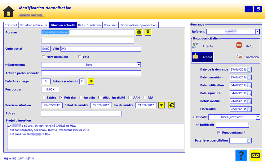 situation actuelle hébergement domiciliation